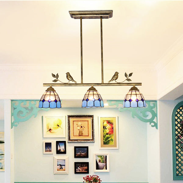 3 Bulbs Indoor Island Pendant Light Tiffany Style Antique Brass/Black/Blue Hanging Light with Dome Stainless Glass Shade