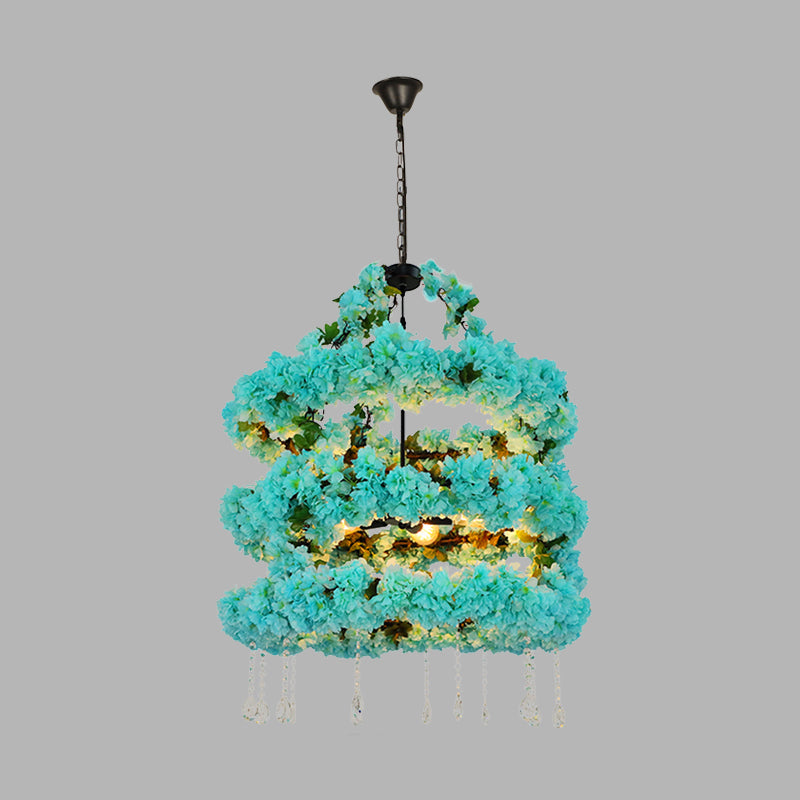 Azul 5 cabezas Lighting Lighting Vintage Metal Flower LED Suspension Colgante con acento de cristal