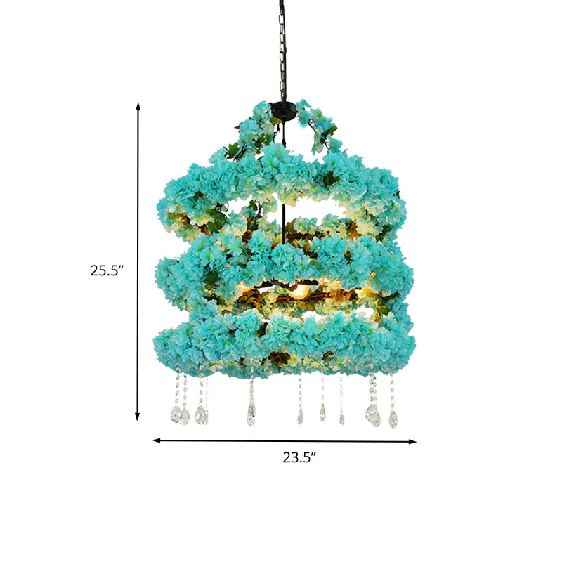 Azul 5 cabezas Lighting Lighting Vintage Metal Flower LED Suspension Colgante con acento de cristal