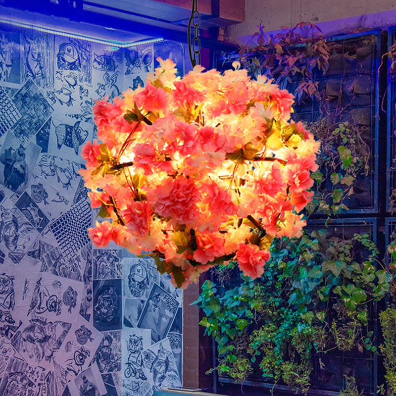 Ball Restaurant Chandelier Light Industrial Metal 4 Bulbs Pink LED Hanging Lamp with Cherry Blossom