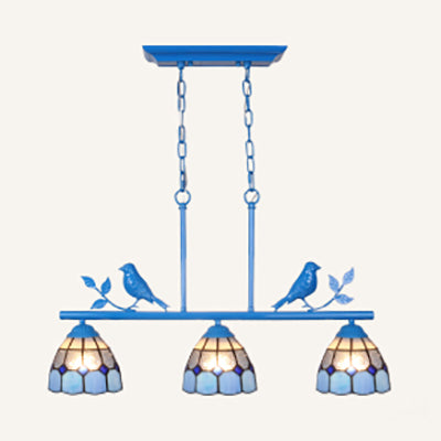 3 Bulbs Indoor Island Pendant Light Tiffany Style Antique Brass/Black/Blue Hanging Light with Dome Stainless Glass Shade