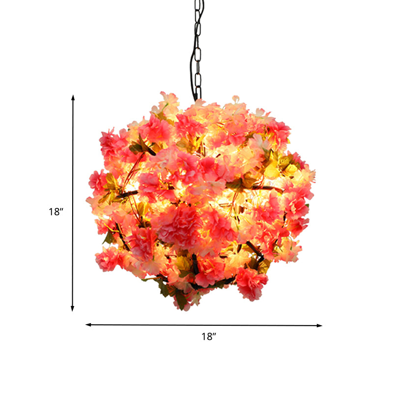 Ball Restaurant Chandelier Light Industrial Metal 4 Bulbs Pink LED Hanging Lamp with Cherry Blossom
