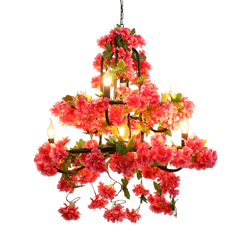 Cherry Blossom Restaurant Chandelier Lighting Vintage Metal 7 Lights Rose Red LED Suspension Lamp