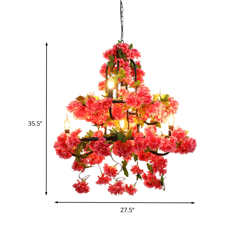 Cherry Blossom Restaurant Chandelier Lighting Vintage Metal 7 Lights Rose Red LED Suspension Lamp