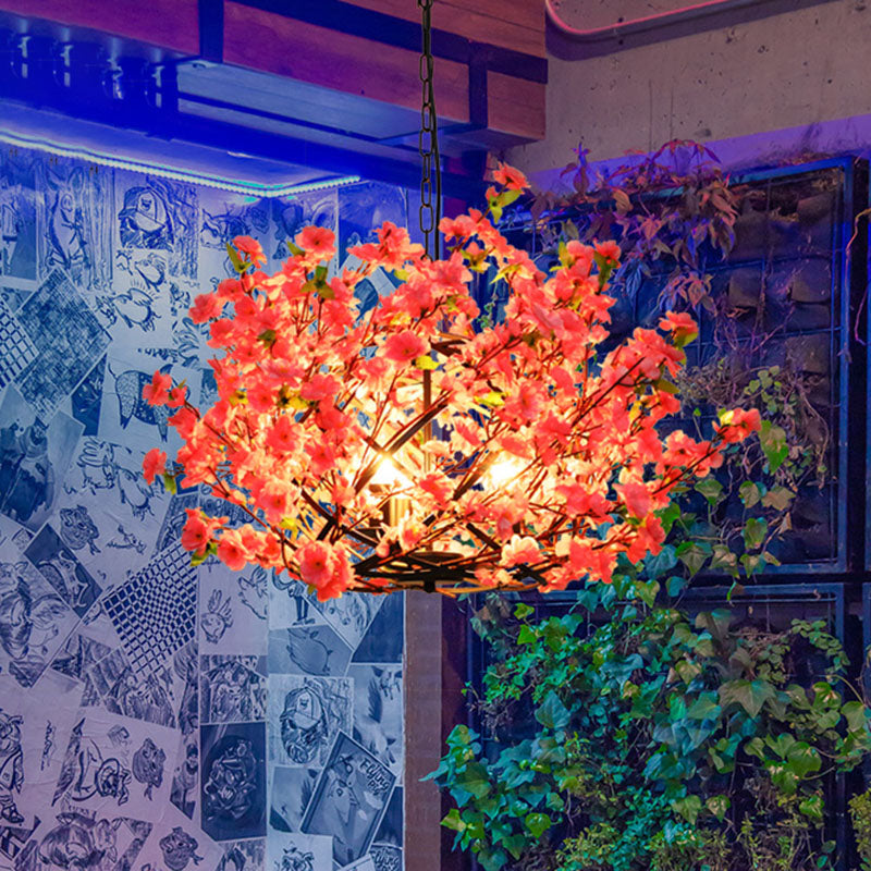 Industrial Peach Blossom Chandelier Light 3 Lights LED Metal Pendant Lamp in Pink for Restaurant