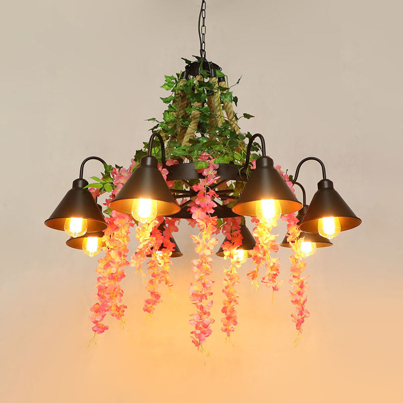 Black 8 Heads Chandelier Lamp Antique Metal Blossom LED Down Lighting Pendant for Restaurant