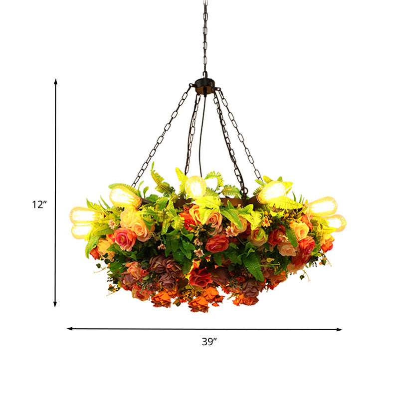 Metal Pink Chandelier Light Exposed Bulb 10 Bulbs Vintage LED Drop Pendant with Rose Decoration