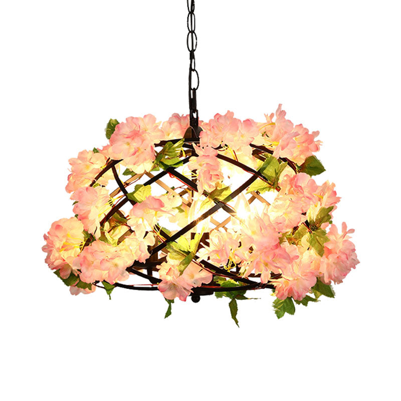 3 Bulbs Chandelier Light Industrial Bird Nest Metal LED Suspension Lamp in Pink with Cherry Blossom