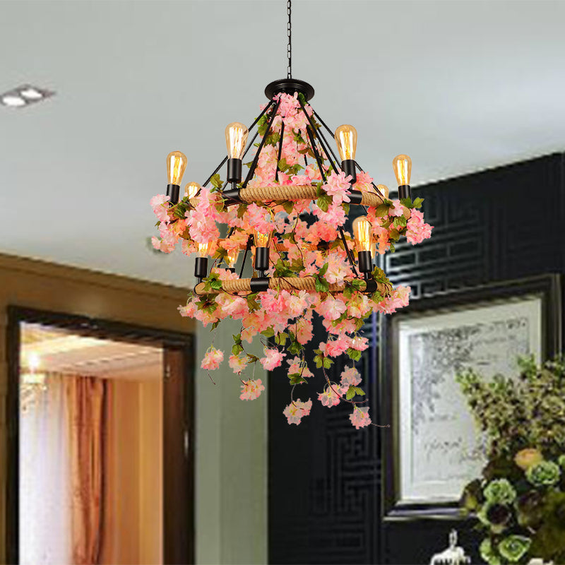 Pink 2 Tiers Chandelier colgante Ligero de metal industrial 14 CABEZAS Restaurante Lámpara colgante con flor de cerezo