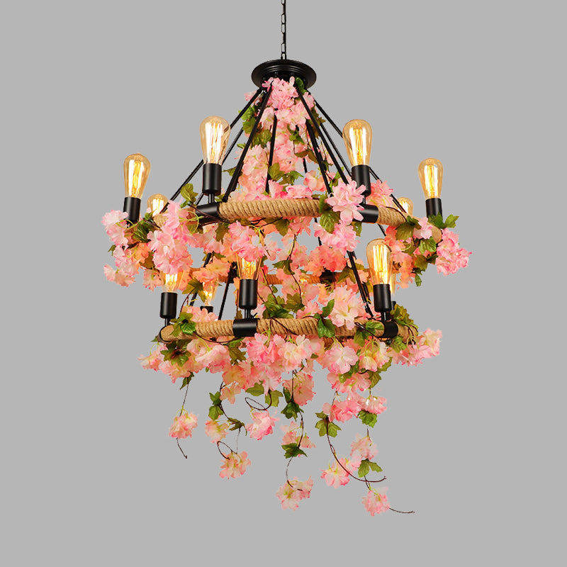 Pink 2 Tiers Chandelier Pendant Light Industrial Metal 14 Heads Restaurant Hanging Lamp with Cherry Blossom
