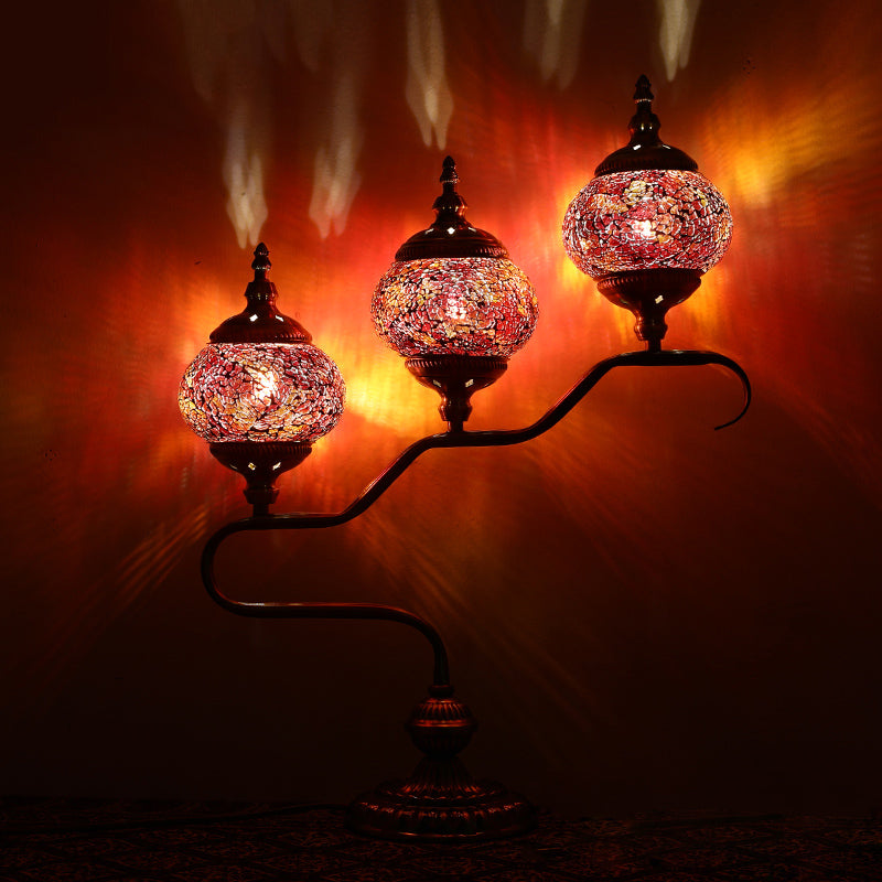 3 Heads Stained Glass Night Light Mediterranean Red/Orange/Blue Tower Bedroom Table Lamp with Step Design