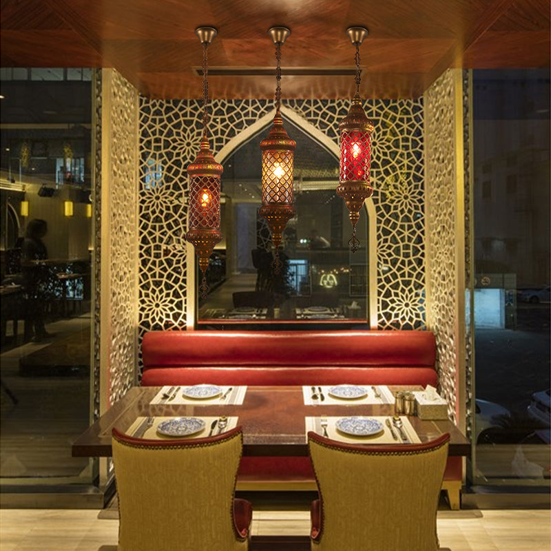 1 Bulb Lantern Hanging Pendant Light Traditional Red/Yellow/Blue Glass Ceiling Suspension Lamp for Restaurant