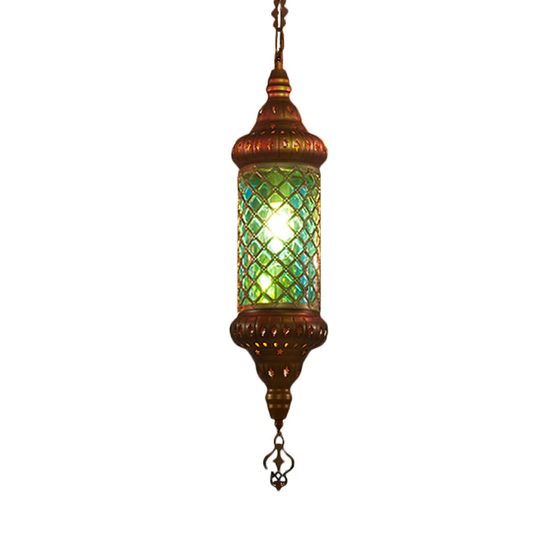 1 Bulb Lantern Hanging Pendant Light Traditional Red/Yellow/Blue Glass Ceiling Suspension Lamp for Restaurant