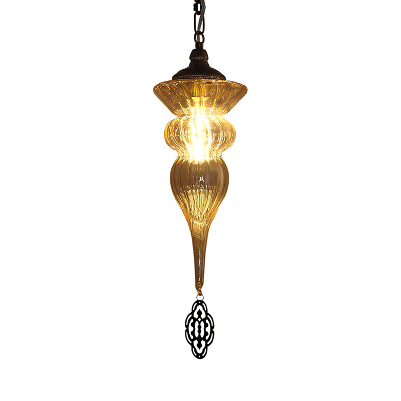 Vintage Urn Drop Lamp 1 Head Prismatic Amber Glass Pendant Ceiling Light in Brass for Restaurant