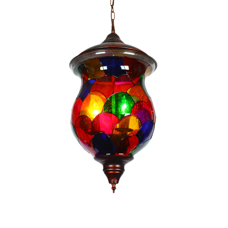 Urn Living Room Ceiling Pendant Mediterranean Stained Glass 1 Head Red Hanging Light Fixture