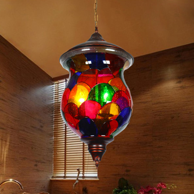 Urn Living Room Ceiling Pendant Mediterranean Stained Glass 1 Head Red Hanging Light Fixture