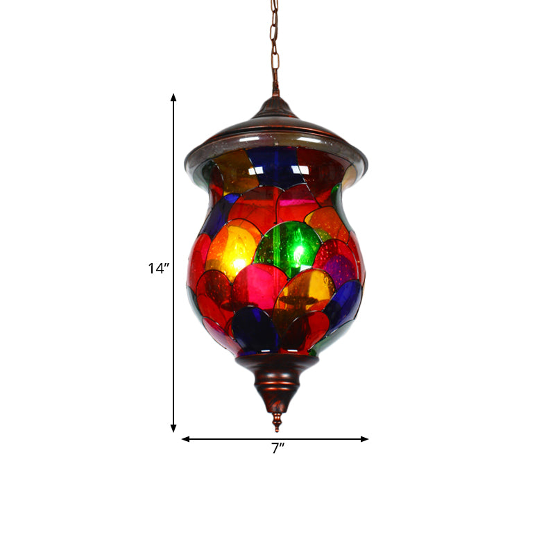 Urn Living Room Ceiling Pendant Mediterranean Stained Glass 1 Head Red Hanging Light Fixture