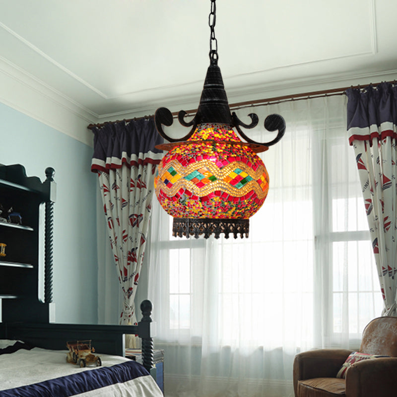 Bohemia Ball Drop Lamp 1 Head Handcrafted Stained Glass Pendant Ceiling Light in Beige/Yellow/Green