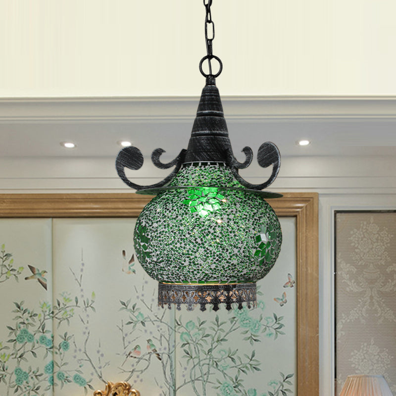 Bohemia Ball Drop Lamp 1 Head Handcrafted Stained Glass Pendant Ceiling Light in Beige/Yellow/Green
