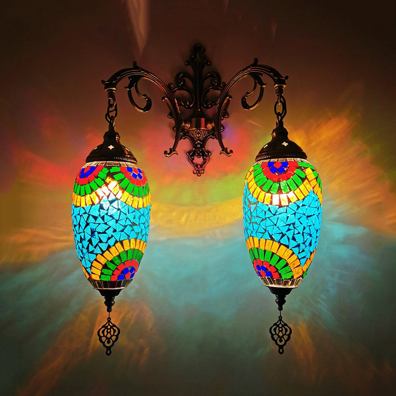 Droplet Stained Glass Wall Lighting Mediterranean 2 Heads Bar Wall Mount Lamp in Red/Orange/Green