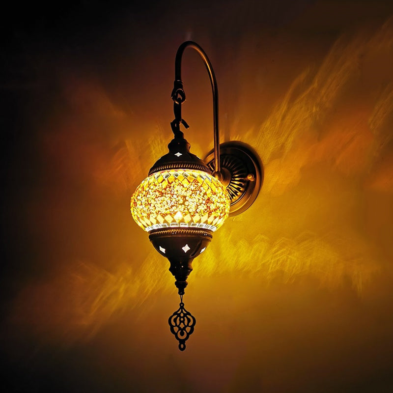Orb Restaurant Wall Sconce Light Traditionalism Stained Glass 1 Head Yellow/Gold/Lake Blue Wall Lighting Fixture