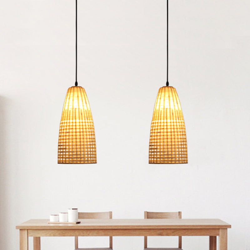 Bamboo Flared Hanging Lamp Chinese 1 Bulb Wood Pendant Light Fixture for Dining Room