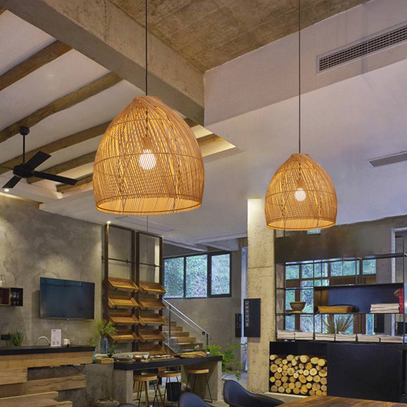 1 Head Dining Room Ceiling Lamp Asia Beige  Hanging Pendant Light with Basket Bamboo Shade