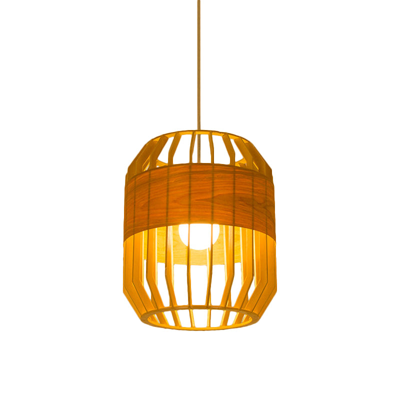 Japanese Laser Cut Hanging Light Wood 1 Bulb Pendant Lighting Fixture in Beige for Restaurant