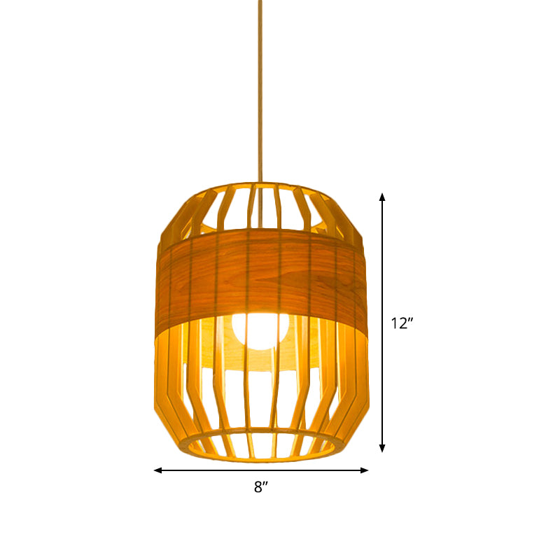Japanese Laser Cut Hanging Light Wood 1 Bulb Pendant Lighting Fixture in Beige for Restaurant
