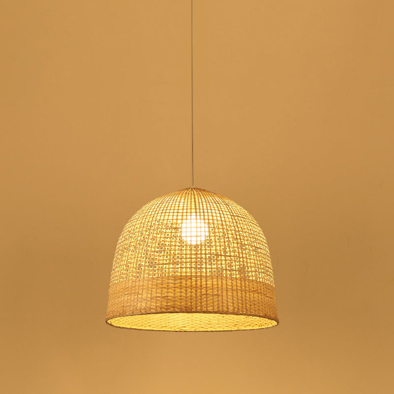 Beige Domed Pendant Lamp Japanese 1 Bulb Bamboo Hanging Ceiling Light for Teahouse