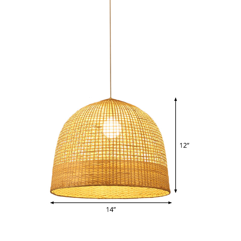 Beige Domed Pendant Lamp Japanese 1 Bulb Bamboo Hanging Ceiling Light for Teahouse