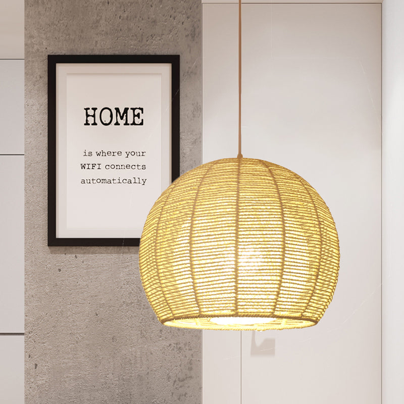 Chinese 1 Head Ceiling Lamp Beige Sphere Hanging Light Fixture with Bamboo Shade