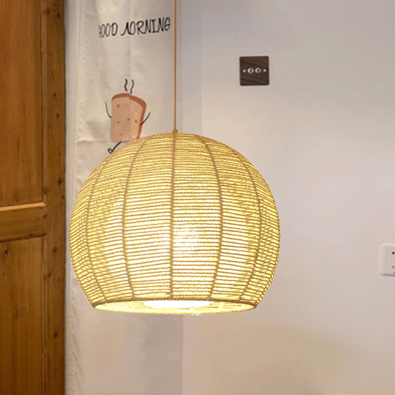 Chinese 1 Head Ceiling Lamp Beige Sphere Hanging Light Fixture with Bamboo Shade