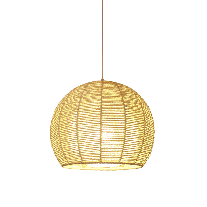 Chinese 1 Head Ceiling Lamp Beige Sphere Hanging Light Fixture with Bamboo Shade