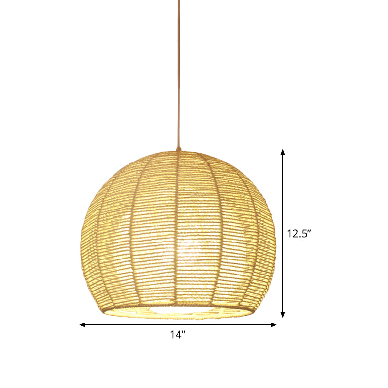 Chinese 1 Head Ceiling Lamp Beige Sphere Hanging Light Fixture with Bamboo Shade