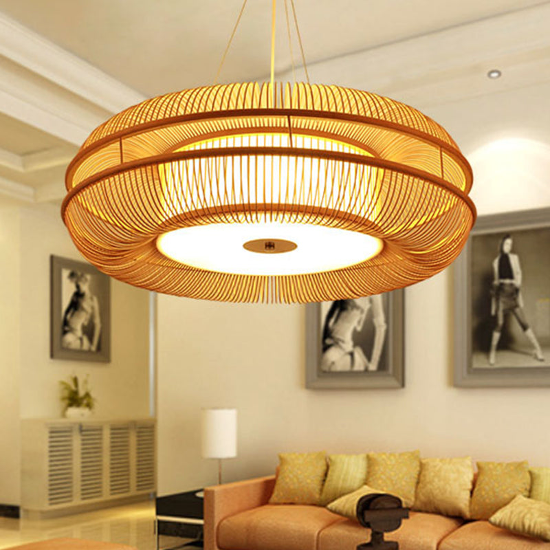 Dunut Pendant Lamp Chinese Bamboo 1 Bulb Beige Hanging Ceiling Light, 25.5"/31.5" Shade