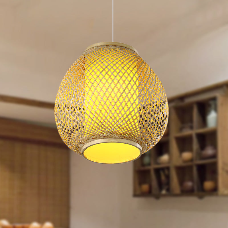 1 Head Handcrafted Ceiling Lamp Chinese Bamboo Hanging Light Kit in Beige with Tube Parchment Shade