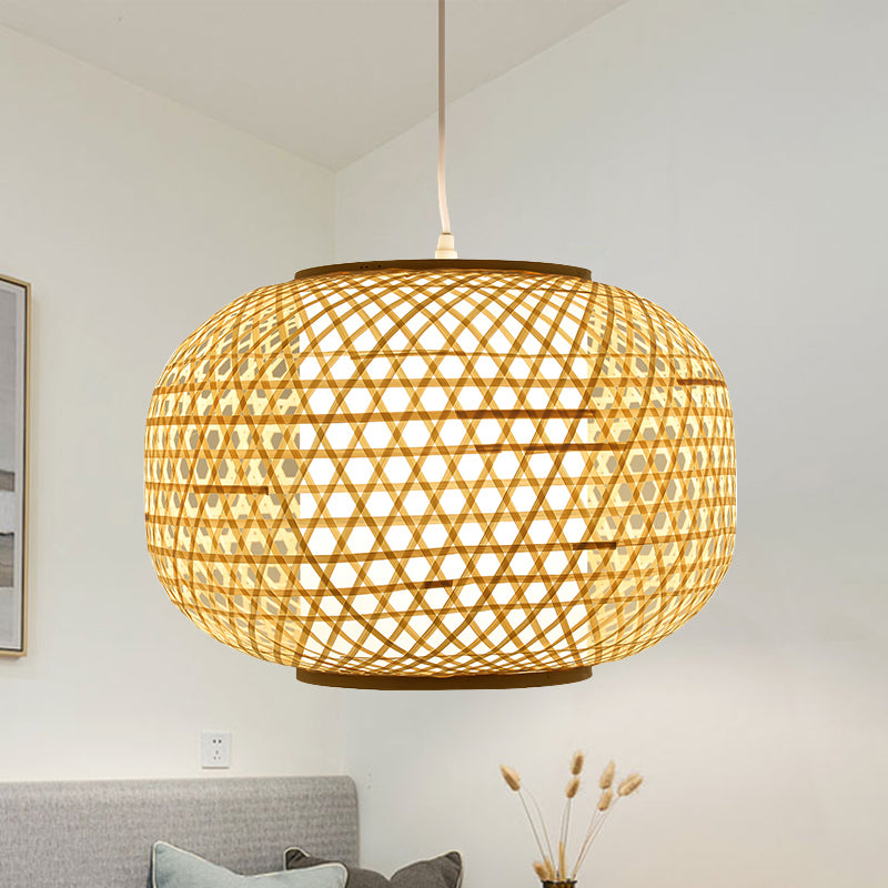 1 Head Bedroom Hanging Lamp Asia Beige Ceiling Pendant Light with Lantern Bamboo Shade