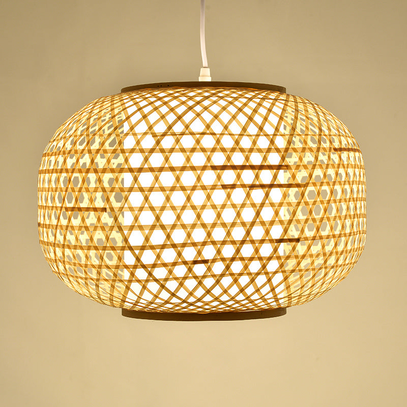 1 Head Bedroom Hanging Lamp Asia Beige Ceiling Pendant Light with Lantern Bamboo Shade