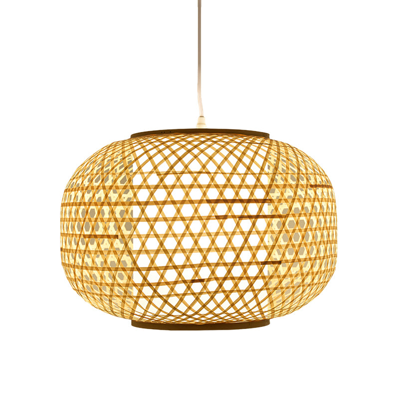 1 Head Bedroom Hanging Lamp Asia Beige Ceiling Pendant Light with Lantern Bamboo Shade