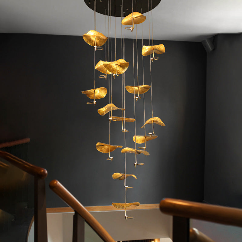 Moderne lotusblattförmige Anhänger Leichte Messing 15/32 Kopftreppe Mehrere Hanglampe in Gold