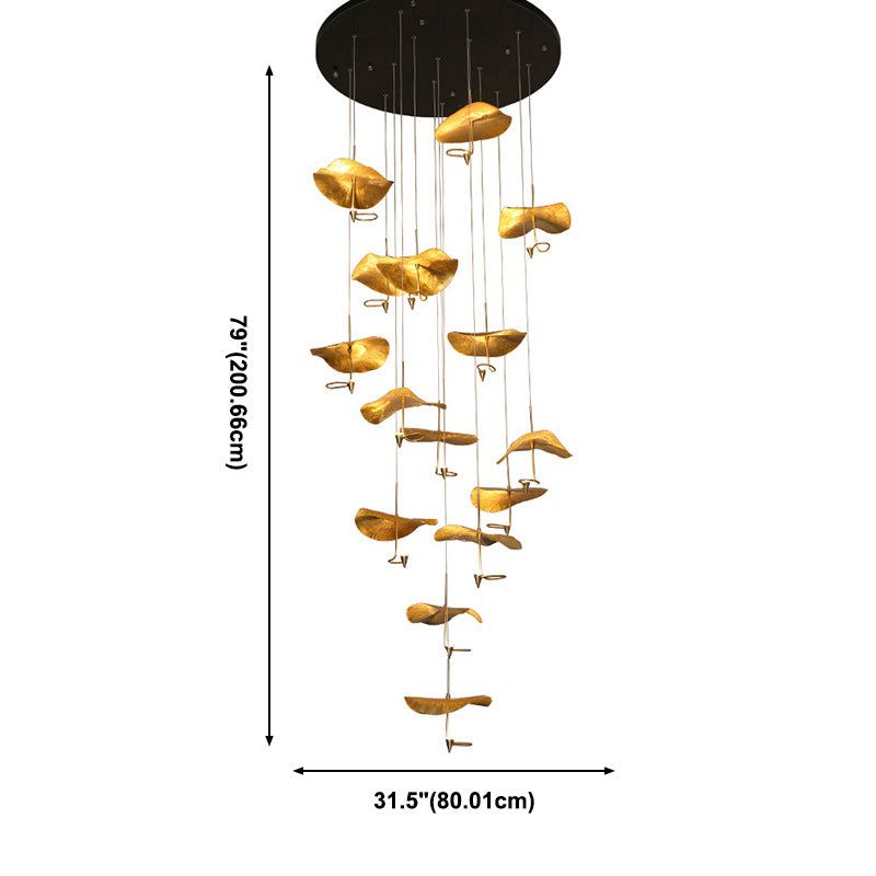 Moderne lotusblattförmige Anhänger Leichte Messing 15/32 Kopftreppe Mehrere Hanglampe in Gold