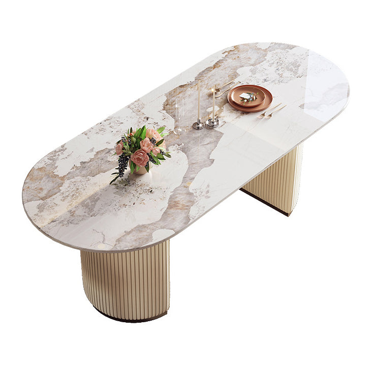 Sintered Stone Top Dining Table Oval Table with Metal Base and Double Pedestal