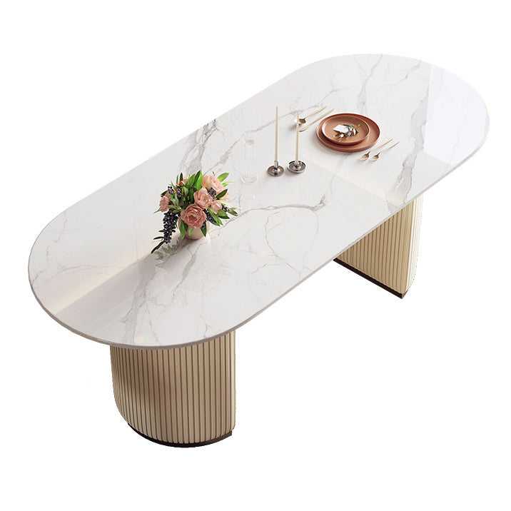 Sintered Stone Top Dining Table Oval Table with Metal Base and Double Pedestal