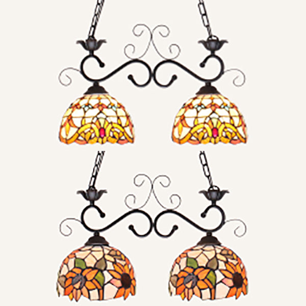 Dome Stainless Glass Pendant Light Tiffany Style 2 Lights Black Finish Island Lighting Fixture with Sunflower/Baroque Pattern