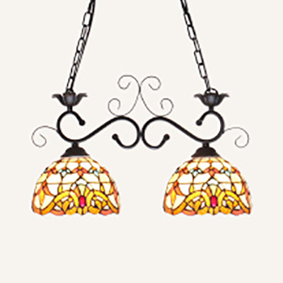 Dome Stainless Glass Pendant Light Tiffany Style 2 Lights Black Finish Island Lighting Fixture with Sunflower/Baroque Pattern