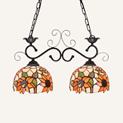 Dome Stainless Glass Pendant Light Tiffany Style 2 Lights Black Finish Island Lighting Fixture with Sunflower/Baroque Pattern