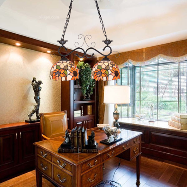 Dome Stainless Glass Pendant Light Tiffany Style 2 Lights Black Finish Island Lighting Fixture with Sunflower/Baroque Pattern