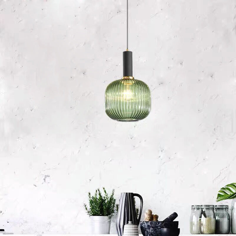 Luz de colgante de sombra de tambor contemporánea, vidrio acanalado iluminación colgante de 1 luces