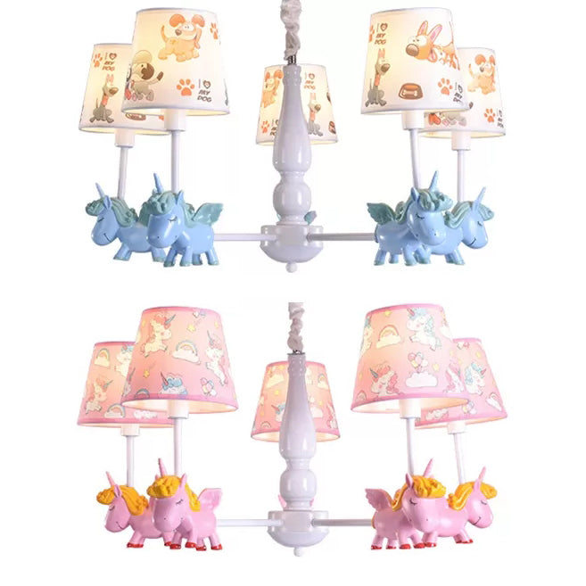 Unicorn Child Bedroom Chandelier with Fabric Shade Metal 5 Heads Lovely Pendant Lamp